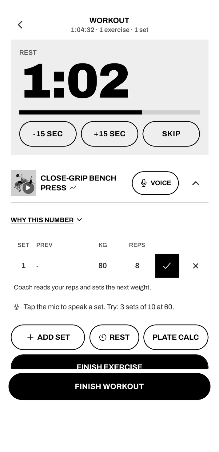 Workout logger with a logged set, the voice button and the rest timer, white while the window is open