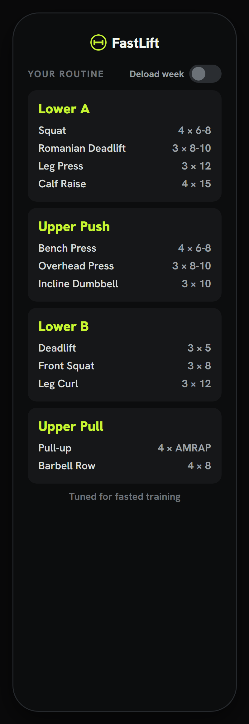 FastLift Coach showing a generated week of training with exercises and demo images