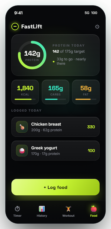 FastLift food screen with a protein ring and macro mini-bars